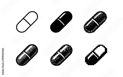 Collection of six different pill icons in various artistic styles and resolutions