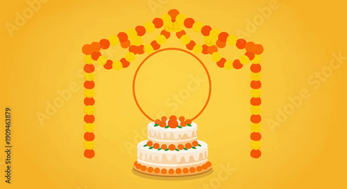 A three-tiered white cake with orange decorations on a yellow background surrounded by falling orange petals.