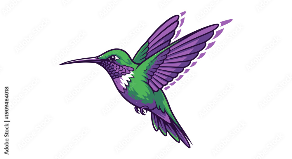 Fototapeta premium Vibrant hummingbird in flight showcasing iridescent green and purple feathers from a side view
