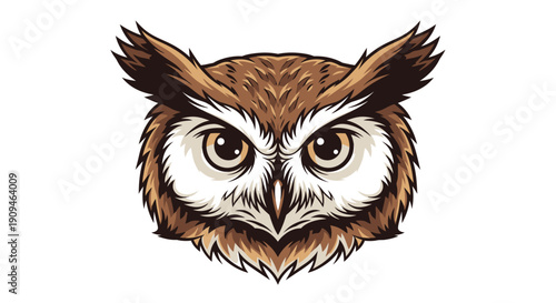 A detailed digital illustration of a brown owl's face with piercing eyes viewed from the front