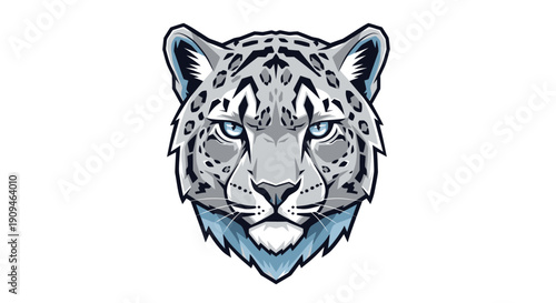 A majestic snow leopard's face staring intensely, illustrated with piercing blue eyes and detailed fur texture