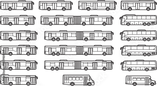 An Array of Buses in a minimalist design, ready for transportation or urban themed project. 