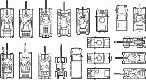 An illustrative overview of a variety of military vehicles, showcasing top-down perspectives of various tanks and trucks, ideal for military enthusiasts or educational resources.