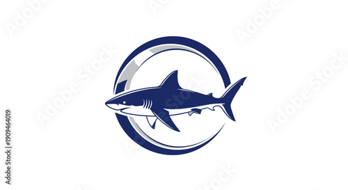 A blue shark icon encircled by a circular logo design, symbolizing marine life and aquatic themes in a simple illustration.