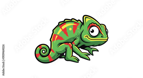A cartoon chameleon with vibrant green and red stripes sitting on a branch viewed from the side