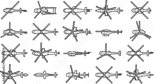 A grid arrangement of detailed illustrations of helicopters, showcasing various angles and perspectives in a clean, professional manner.