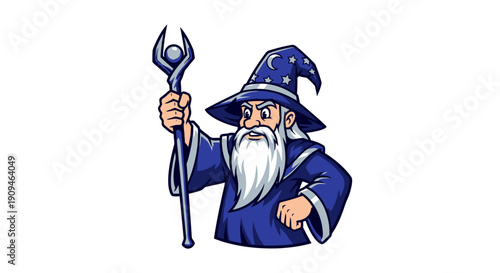 Illustration of a wizard holding a magic wand, standing alone in a serene environment, viewed from a slight angle