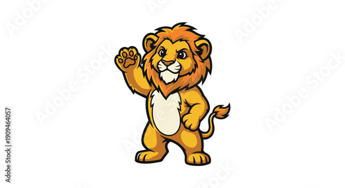 A cartoon lion stands proudly with its right paw raised in a friendly gesture