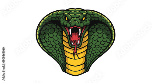 Illustration of a green cobra with its mouth open, showcasing sharp fangs and a yellow belly, against a plain background