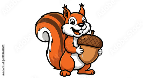 A cartoon squirrel holding an acorn in its paws and standing upright on a plain background from a straightforward viewpoint