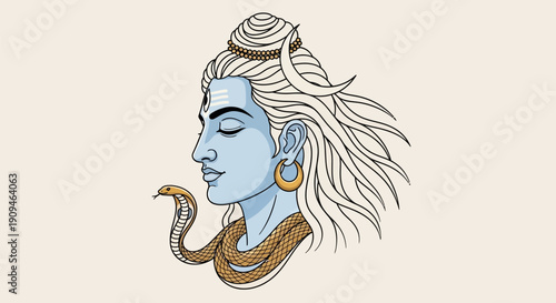 Illustration of Lord Shiva with long hair and snake necklace.
