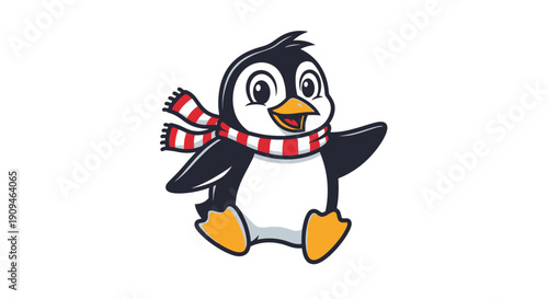 Penguin wearing a red and white striped scarf standing on one foot with a playful expression, viewed from the front in a simple illustration style