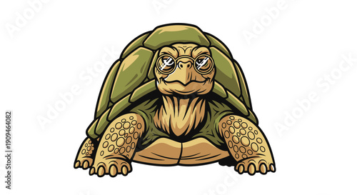 A cartoon tortoise with a green shell viewed from the front