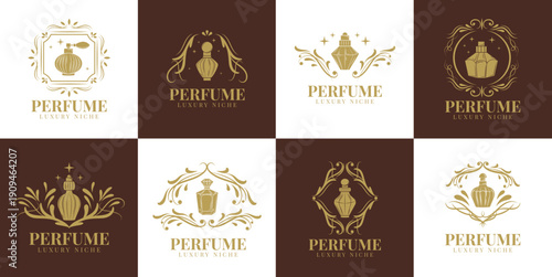 Perfume logo. Fragrance bottle. Elegant spray symbol. Jewelry ornament scent. Luxury cologne label. Graphic fragrant liquid decorative sign. Typography templates. Vector garish minimal style design