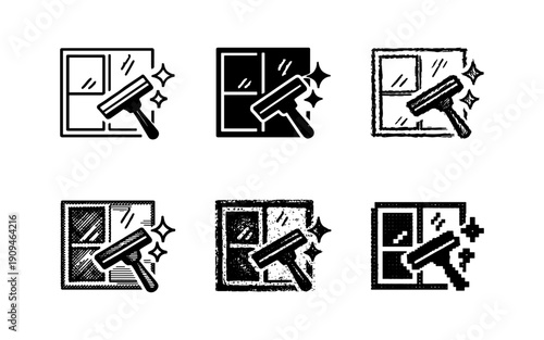Set of six squeegee window cleaning icons in black, grunge, outline and pixel styles for UI