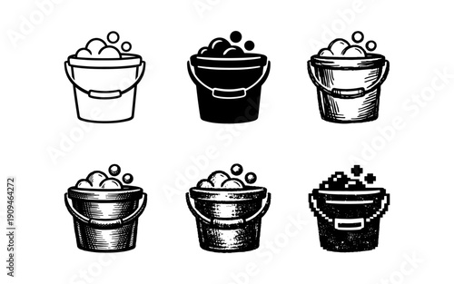 Collection of six different bucket icons filled with soapy water and bubbles