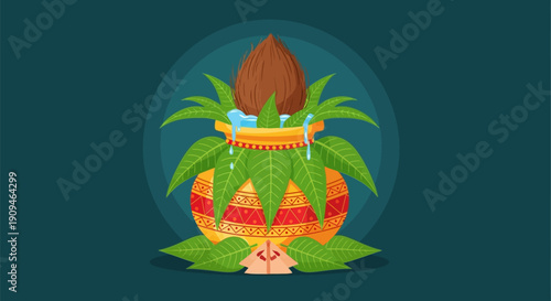 Traditional Indian Pongal Festival Illustration with Pot and Sugarcane.