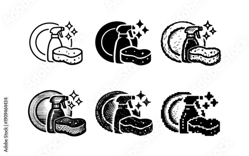 Set of icons representing dishwashing supplies with sparkling clean plates and sponges