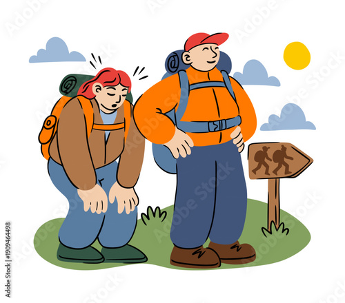 Hikers outdoors. Male walker with backpack. Travel on nature. Tourism in forest. Happy traveler character going to camping. Recreation and leisure time. Vector cartoon flat style isolated illustration