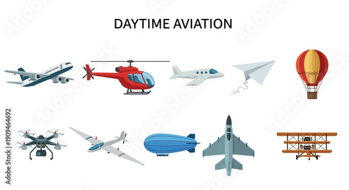 Graphic illustrating various types of flying machines under the text DAYTIME AVIATION