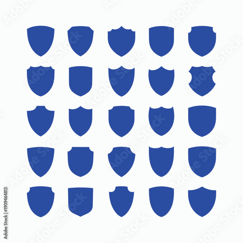 Collection of Blue Shield Icons in Various Shapes on White Background