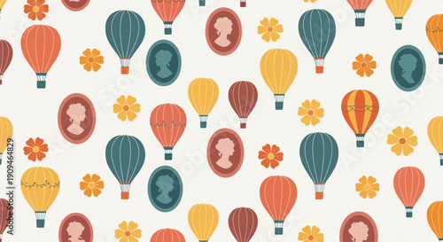 Colorful hot air balloons and flowers pattern design.