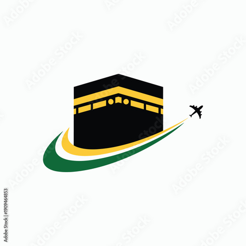 Travel Icon Featuring Kaaba and Airplane for Pilgrimage Journey