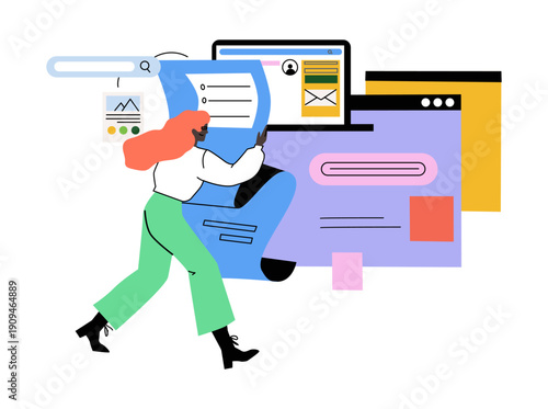 Search job. Young woman finding vacancy in internet. Computer browser windows. Web technology. Employee hiring. Online information analysis. Guy working at laptop. Business employment. Vector concept