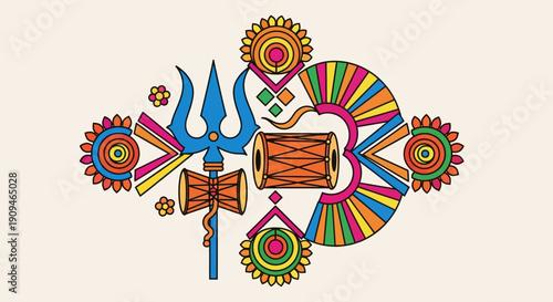 Colorful Hindu Symbolism with Trident and Decorative Elements.