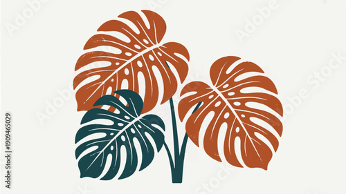 A minimalist illustration of a Monstera deliciosa leaf in two colors - terracotta orange and deep teal blue (1)_traced