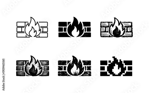 Collection of six different firewall icons representing security and protection against threats