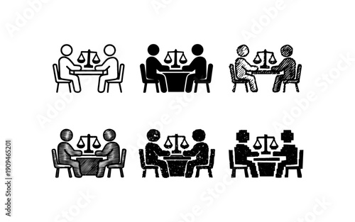 Legal consultation icons showing people meeting with scales of justice at a table