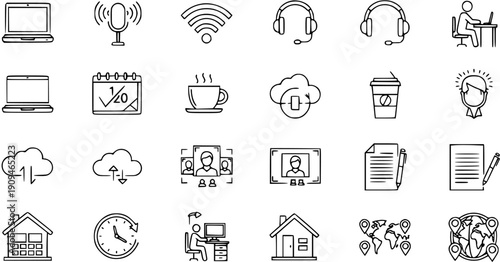 Vector Icon Set: Remote Work, Communication, Technology, Home Office, and Global Connectivity