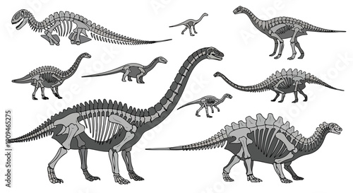 A grayscale illustration of various dinosaur skeletons in different poses on a white background.