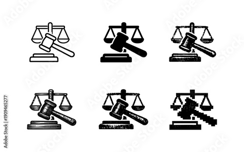 Collection of six different styles of justice scales and gavel icons on white background