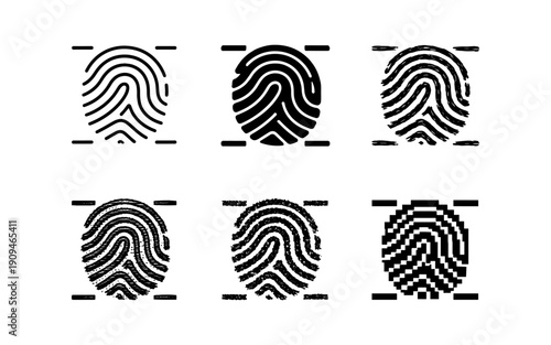 Collection of six different fingerprint icons representing various scanning methods and styles