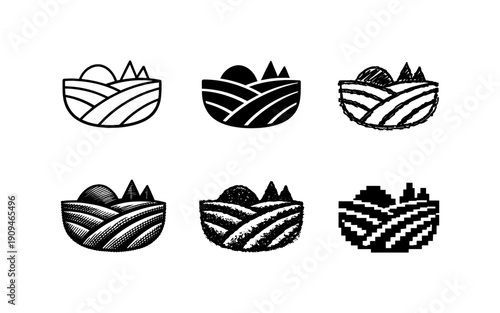 Collection of stylized agricultural field icons with sun and mountains in various artistic styles