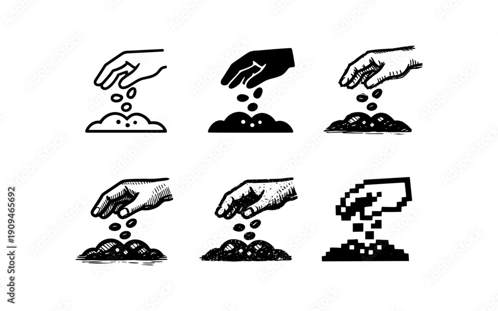 Fototapeta premium Collection of hand sowing seeds into soil icons in various artistic styles