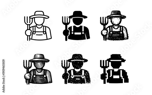 Collection of farmer icons with pitchforks in various artistic styles and pixelated designs