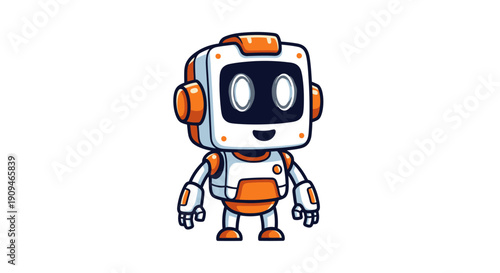 A cartoon robot character standing in a plain setting, viewed from the front