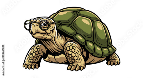 Illustration of a turtle wearing glasses in a natural setting from a side viewpoint
