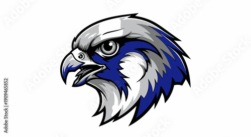 Illustration of a fierce eagle head with sharp beak and intense gaze, showcasing detailed feathers and bold colors in a dynamic profile view