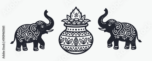 Auspicious Indian Elephant and Kalash Pot Silhouette Vector