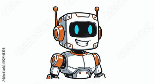 A cartoon robot with orange accents stands smiling with arms slightly apart in a plain setting viewed from the front