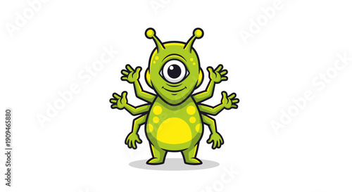 A green cartoon monster with one eye standing with hands up in a friendly gesture on a simple background