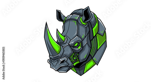 Futuristic robotic rhinoceros head illustration with neon green accents, viewed from the side, in a futuristic environment
