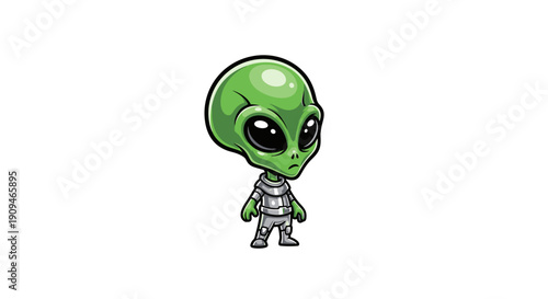 A cartoon green alien standing alone on a white background, viewed from the front.