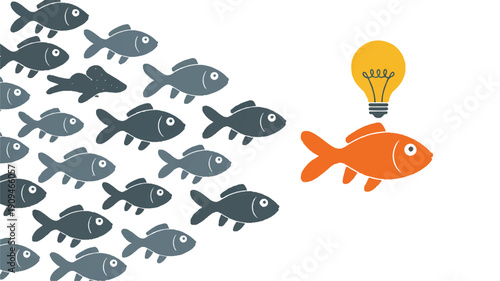 A minimalist illustration of a school of gray fish swimming in one direction, except for one orange goldfish that is swimming in the opposite direction (2)_traced