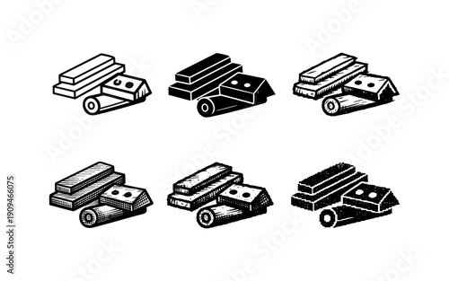 Collection of six isometric icons depicting stacked lumber and bricks in various styles