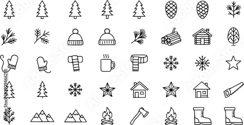 Collection of Winter and Nature Themed Line Icon Graphics for Design